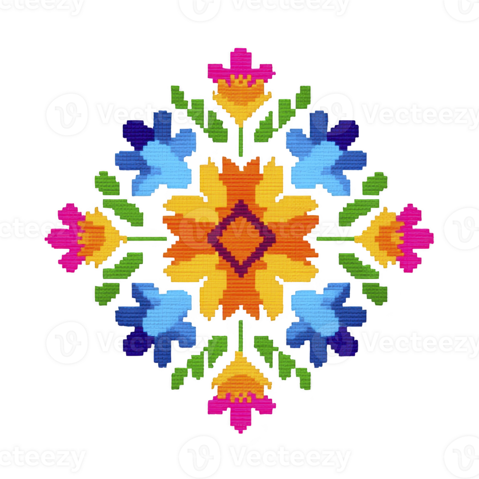 Vibrant geometric floral pattern with colorful petals and leaves, featuring symmetrical design elements in blue, yellow, pink, and green, creating lively and artistic appearance png