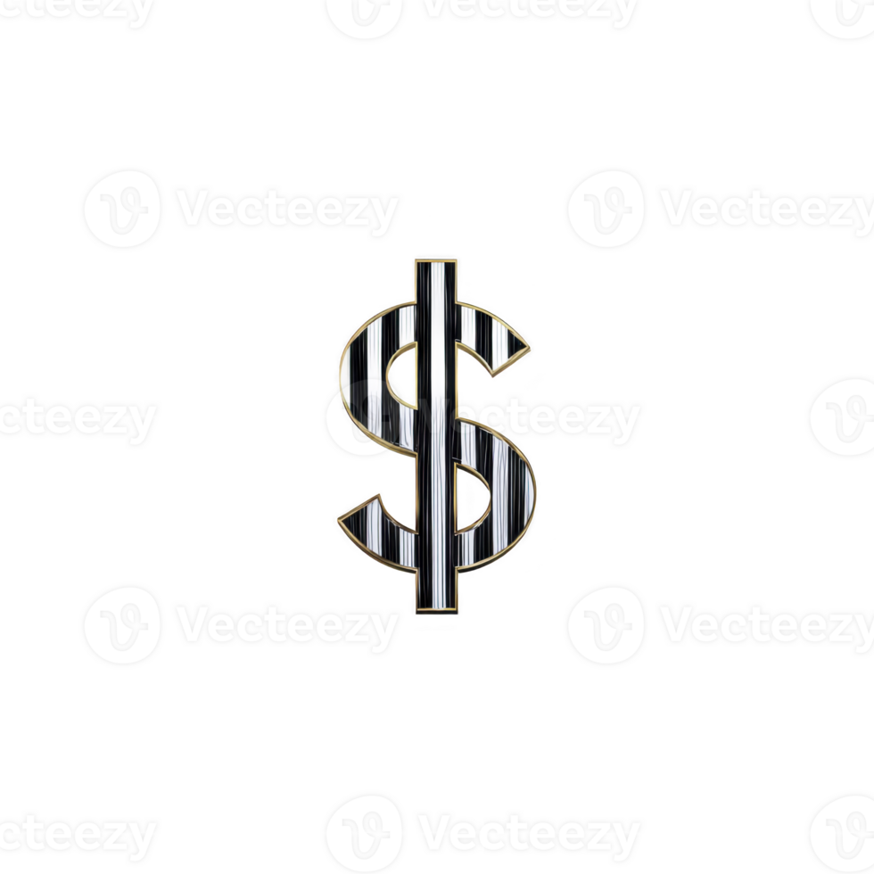 Shiny metallic dollar sign symbol with striped pattern stands out against transparency background, representing wealth and finance. design is sleek and modern png