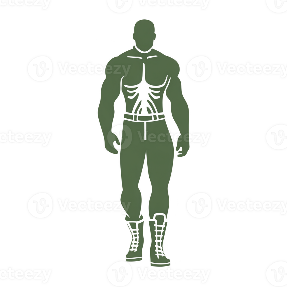 Muscular, faceless figure stands confidently, showcasing strong physique with defined muscles. character is wearing boots and pants, exuding sense of power and readiness png