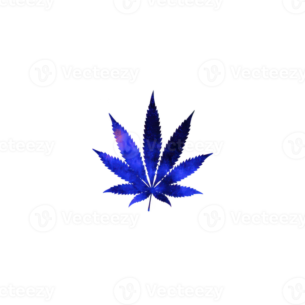 Vibrant blue cannabis leaf with galaxy pattern stands out against transparency background, creating striking and artistic visual png