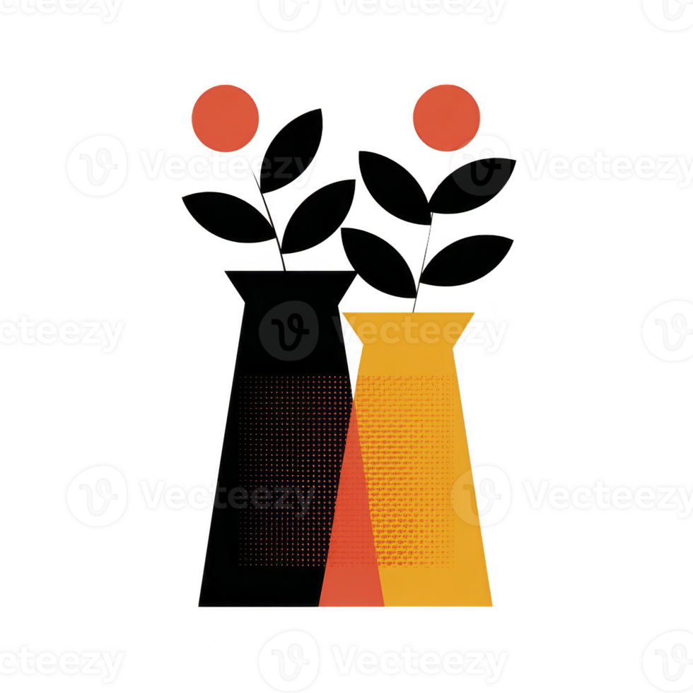 Two abstract vases with geometric patterns hold stylized flowers with round red blooms and dark leaves, creating modern and artistic composition png