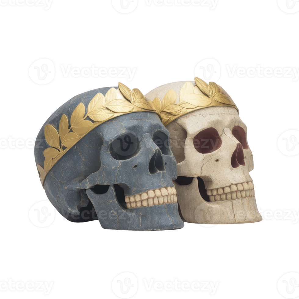 Two skulls adorned with gold laurel wreaths, one blue and one white, symbolize contrast and unity. artistic design evokes sense of mystery and elegance png