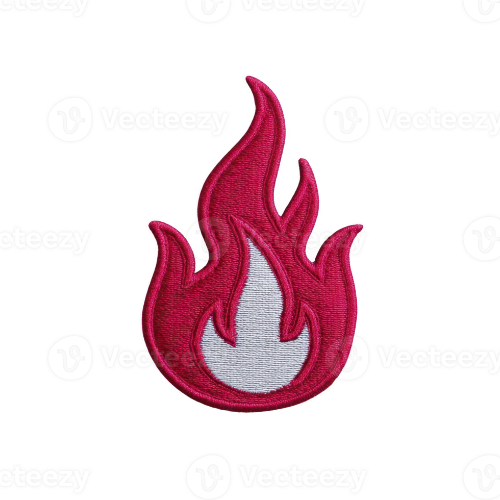 This features vibrant red flame patch with white center, designed for embroidery clothing or accessories. patch has bold and dynamic appearance, perfect for adding fiery touch to any fabric png