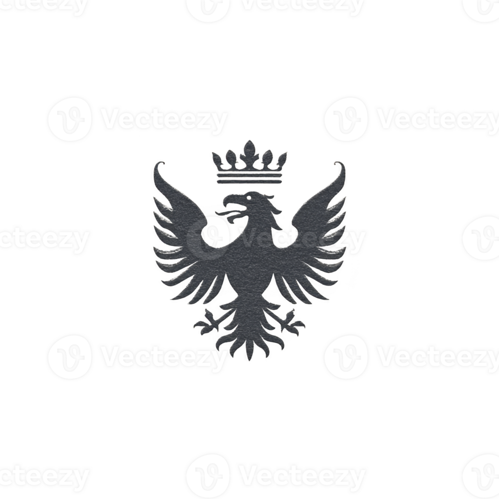 Black heraldic eagle with crown symbolizes power and nobility, featuring detailed wings and fierce expression. design is bold and striking against plain background png