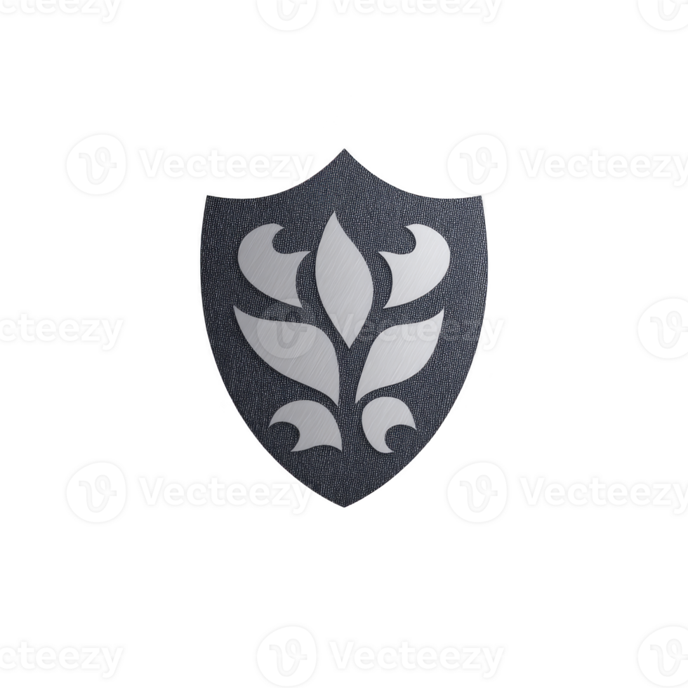 Metallic shield with floral emblem design on textured surface, symbolizing protection and elegance. shield sleek and artistic pattern adds touch of sophistication png
