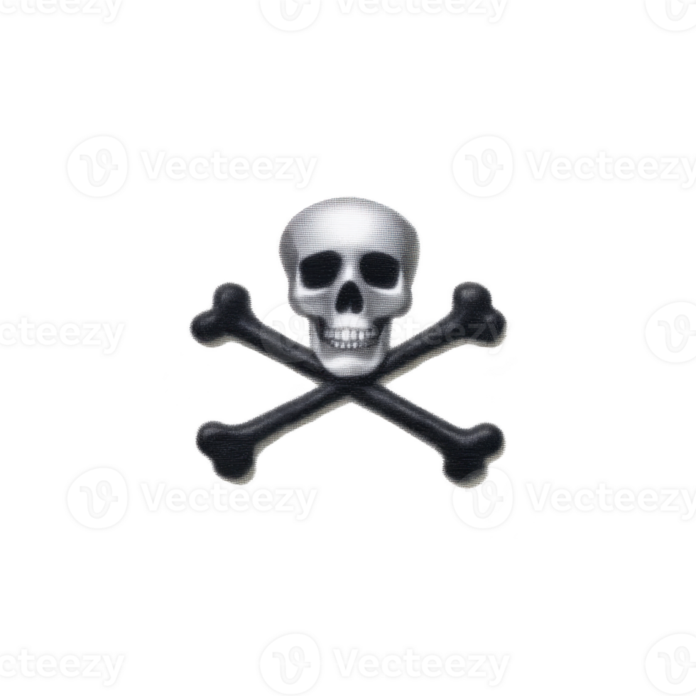 Skull and crossbones symbol, often associated with danger or pirates, is depicted in simple, bold design. skull is centered above two crossed bones, creating classic warning icon png