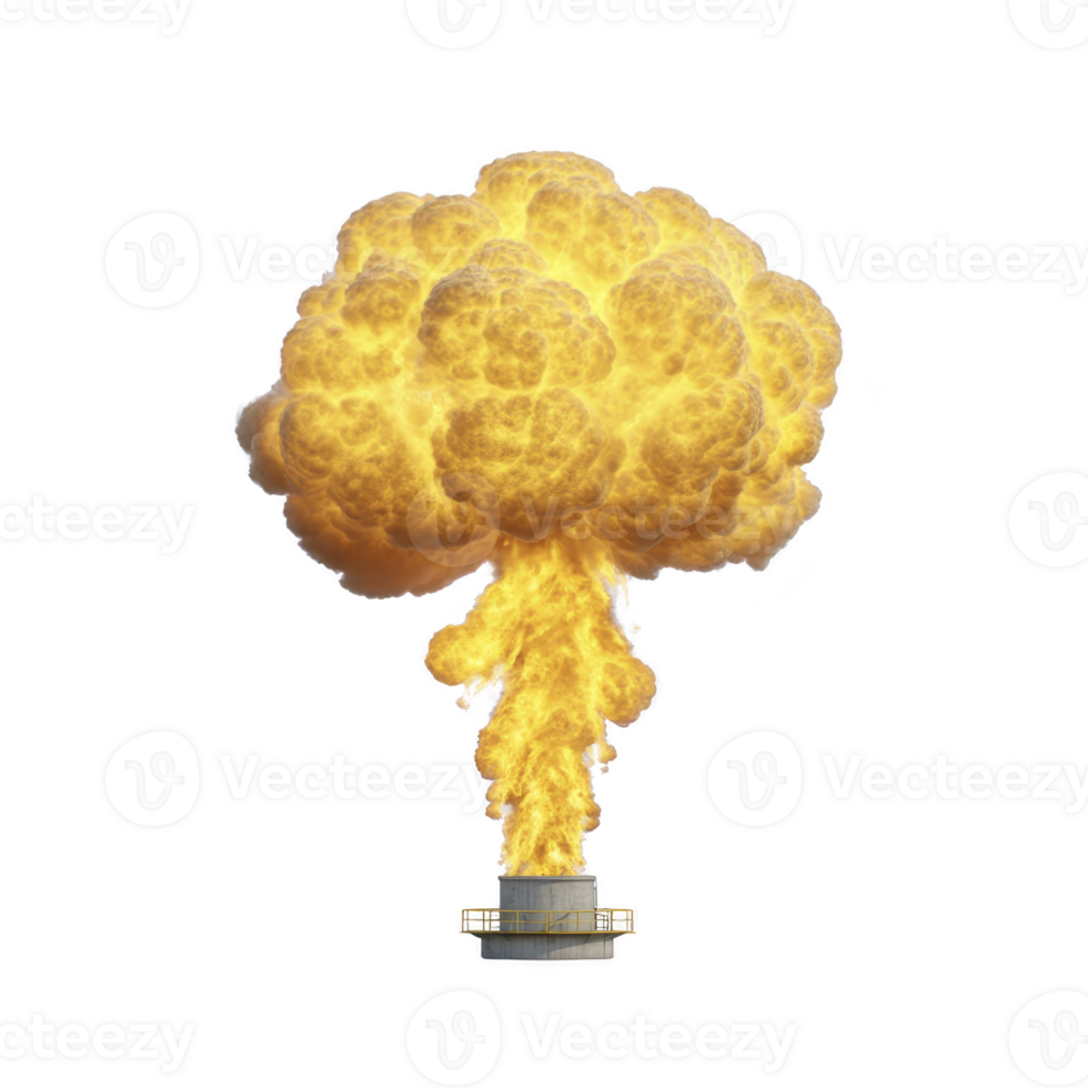 Large, fiery explosion with billowing yellow and orange flames erupts from structure, creating dramatic and intense scene. explosion is isolated on transparency background png