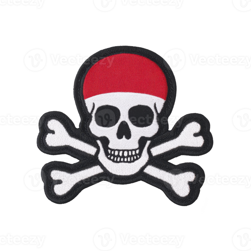 Skull and crossbones with red bandana, symbolizing piracy or danger, is depicted in bold, graphic style. design is often associated with pirate themes and cautionary signs png