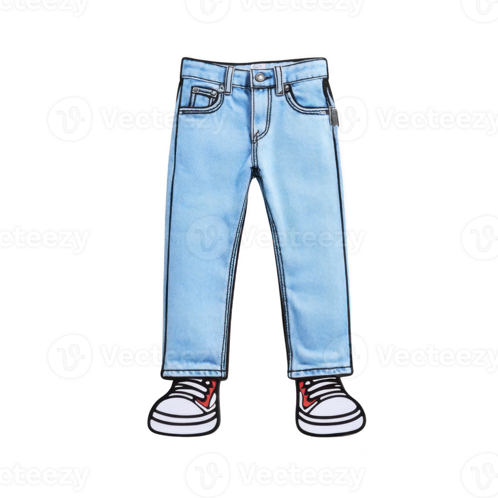 Pair of cartoon style blue jeans with attached sneakers, featuring playful and whimsical design. jeans have classic denim look with detailed stitching and pockets png