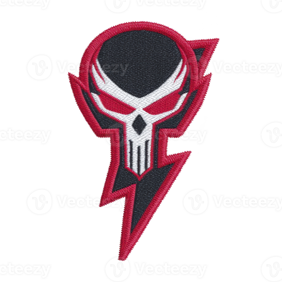 This features stylized skull design with sharp, angular features and bold red outline, creating striking and edgy appearance. skull is integrated with lightning bolt motif, adding dynamic png