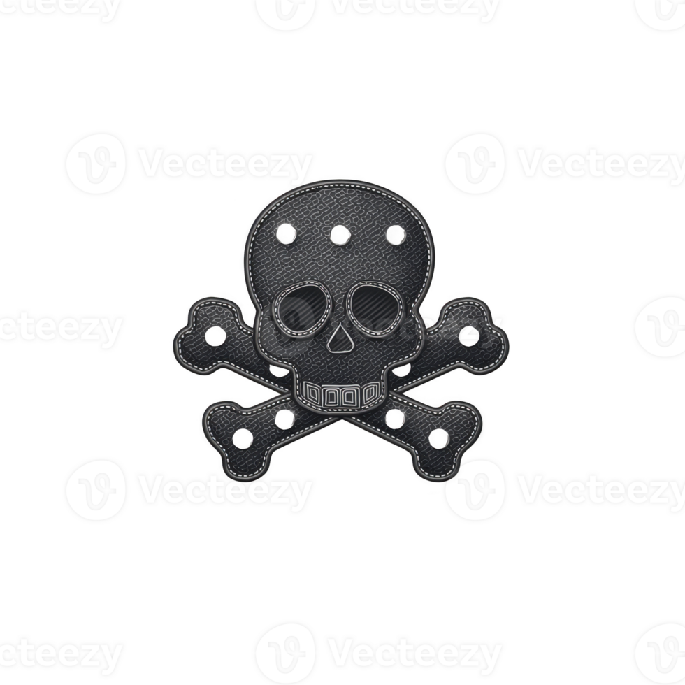 Black skull and crossbones design with white stitching on textured surface, featuring multiple holes for attachment. design is simple and bold, evoking sense of edginess png