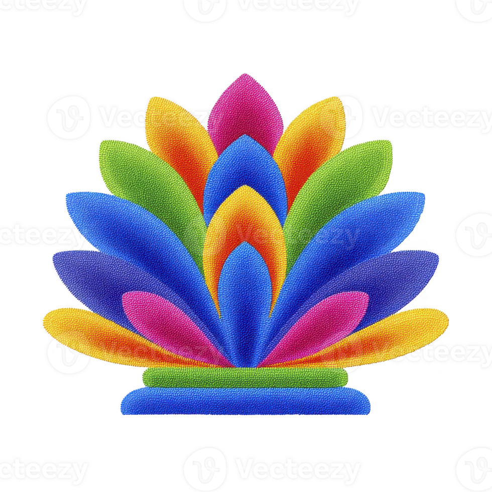 Vibrant symmetrical design featuring colorful overlapping petal shapes in shades of blue orange pink green and yellow creating visually striking and harmonious pattern png