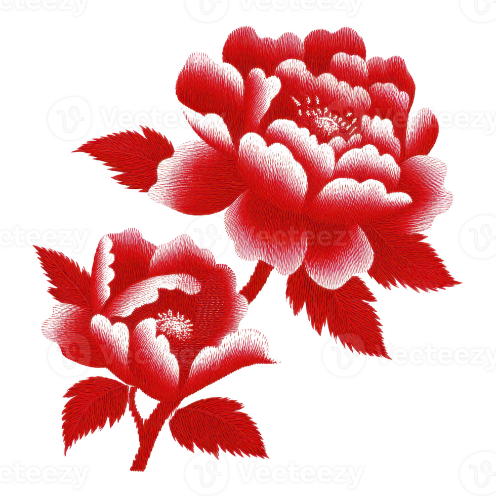 Two vibrant red peonies with intricate white details and lush leaves create striking floral design on transparency background. elegant petals and delicate shading evoke sense of beauty and grace png