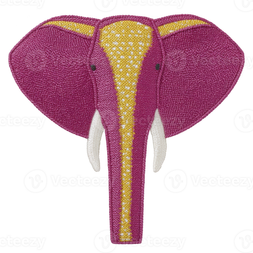 Vibrant embroidered elephant patch features striking combination of pink and yellow hues, showcasing intricate stitching and texture. design is both playful and artistic png