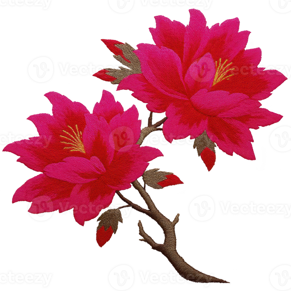 Vibrant red embroidered flowers with green leaves on branch, showcasing intricate stitching and detailed design, perfect for textile art or decorative purposes png
