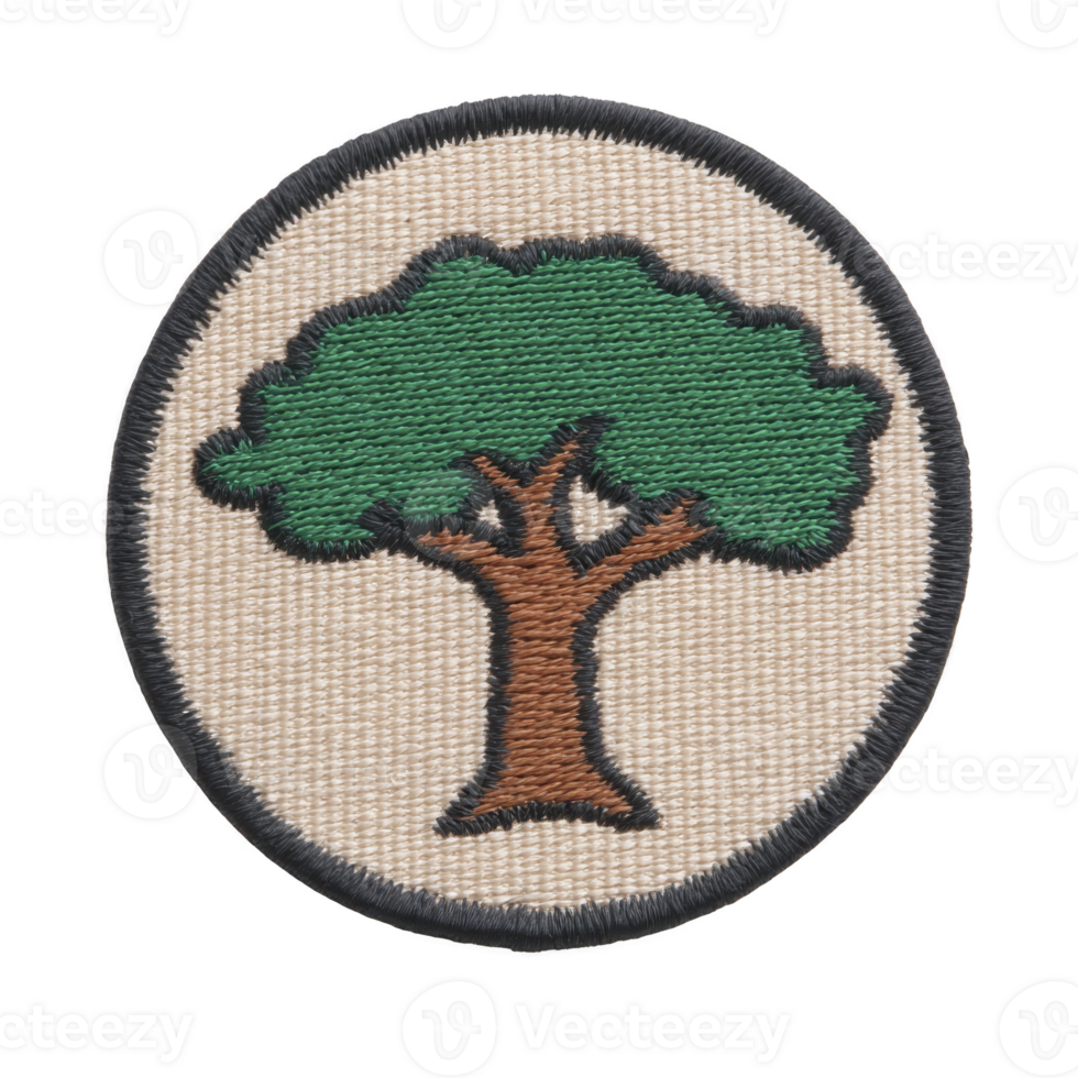 Round embroidered patch features green tree with brown trunk on beige background, bordered by dark edge. design is simple and nature themed png