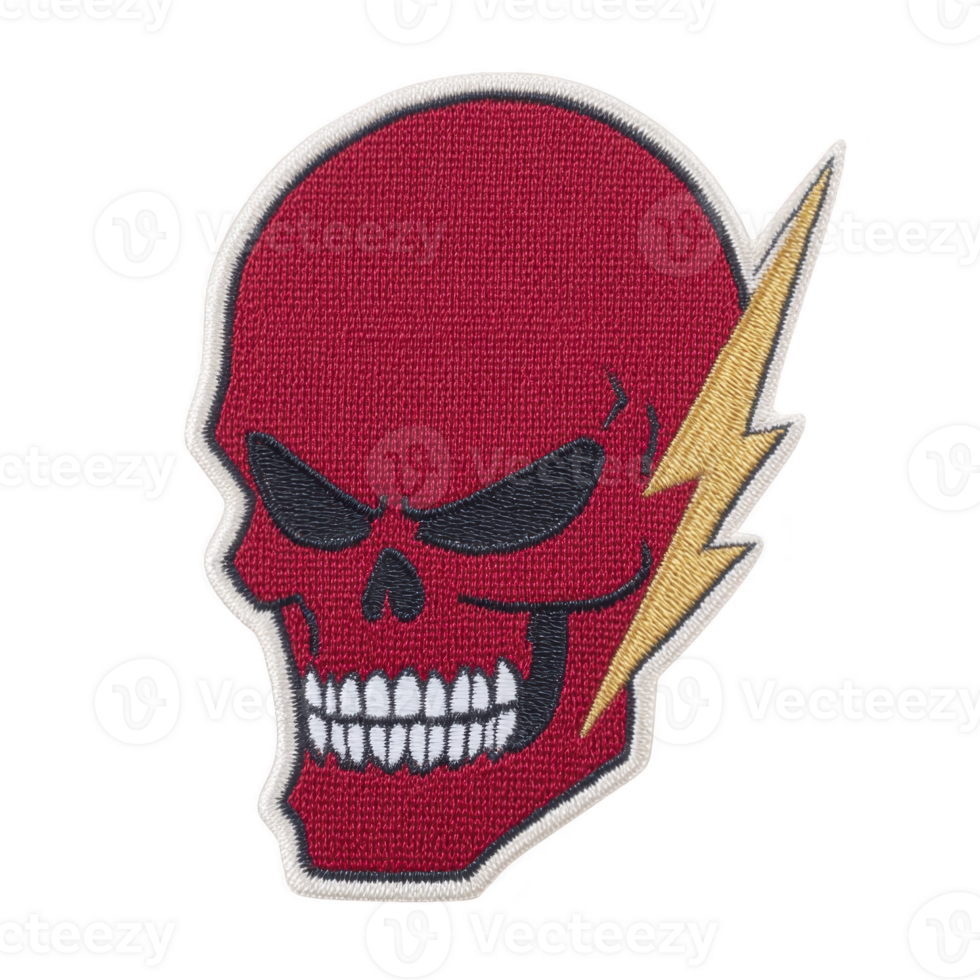 Red skull patch with lightning bolt design, featuring menacing expression and bold colors, perfect for adding edgy touch to clothing or accessories png