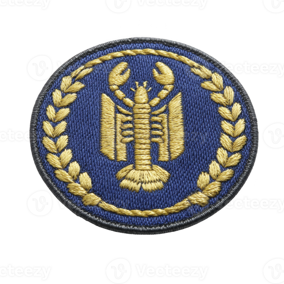 This features circular embroidered patch with lobster design in gold thread on blue background, surrounded by laurel wreath. patch has textured appearance and classic style png