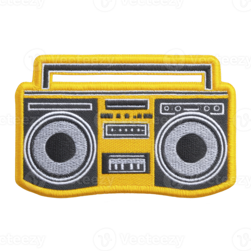 Vibrant embroidered patch features retro boombox design in yellow and black, showcasing intricate details and nostalgic feel. Perfect for adding touch of vintage style to clothing or accessories png