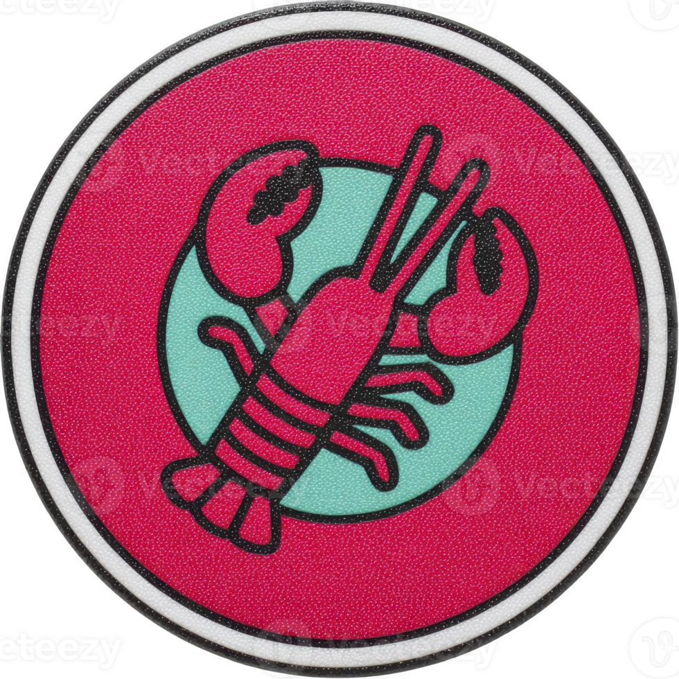 Vibrant circular patch features stylized lobster illustration in bold black lines against bright red background with contrasting teal circle. design is simple yet eye catching png
