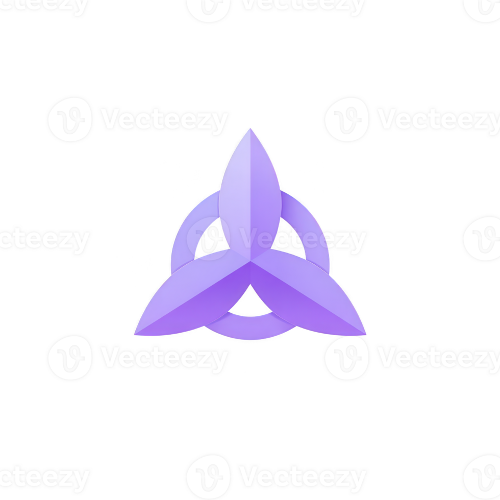 Purple triquetra symbol with modern, glossy design is set against transparency background, creating striking and mystical appearance. symbol smooth curves and vibrant color evoke sense of harmony png