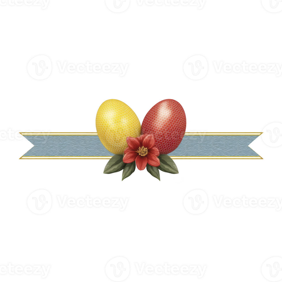 Colorful Easter eggs with red flower on decorative ribbon create festive and cheerful design png