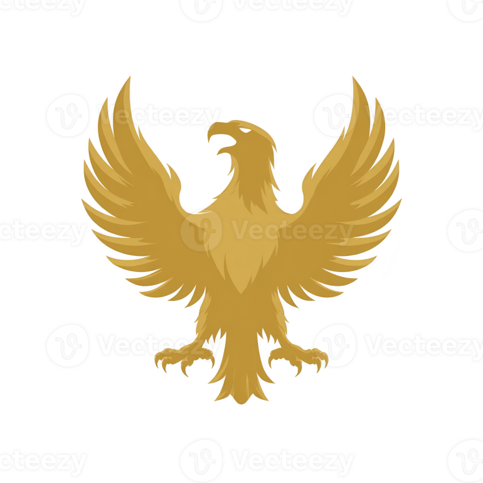 Golden eagle emblem with outstretched wings symbolizes strength and freedom. majestic design features intricate feather details and fierce expression, evoking power and elegance png