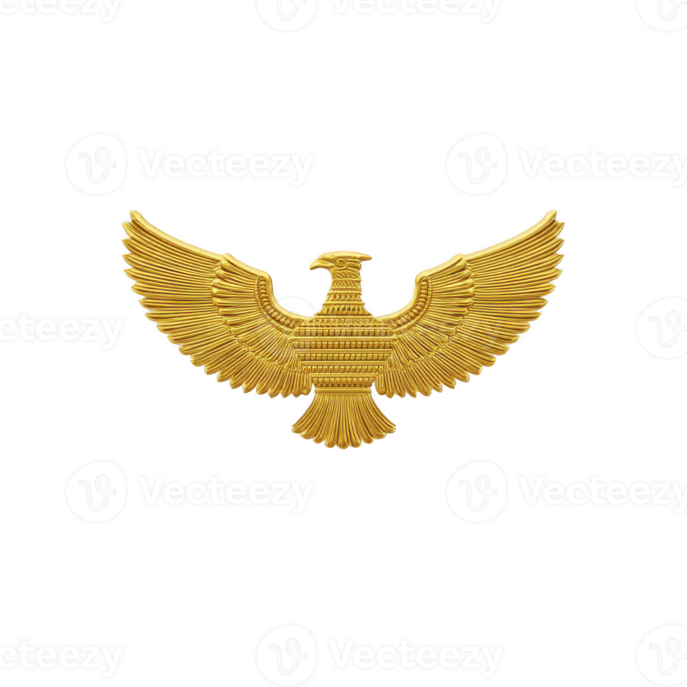 Golden eagle emblem with outstretched wings symbolizes power and freedom, featuring intricate detailing and majestic pose. design is bold and striking against transparency background png