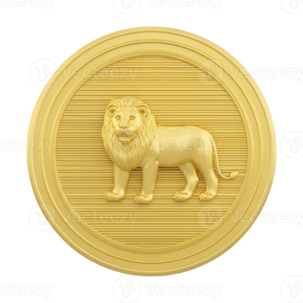 Golden coin features detailed lion design, symbolizing strength and majesty. coin intricate texture and circular shape enhance its regal appearance, making it striking piece png