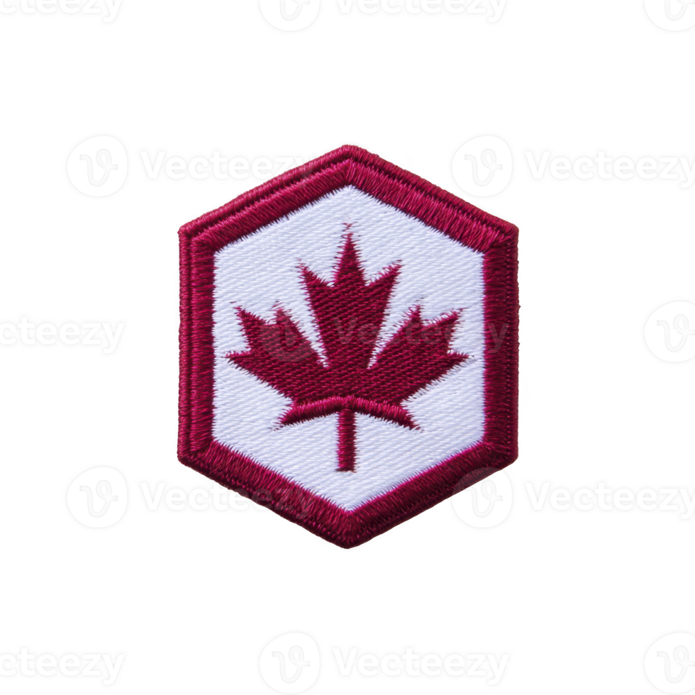 Hexagonal patch features red maple leaf emblem, symbolizing Canada, on transparency background with red border. design is simple and patriotic, often used in uniforms or as decorative badge png