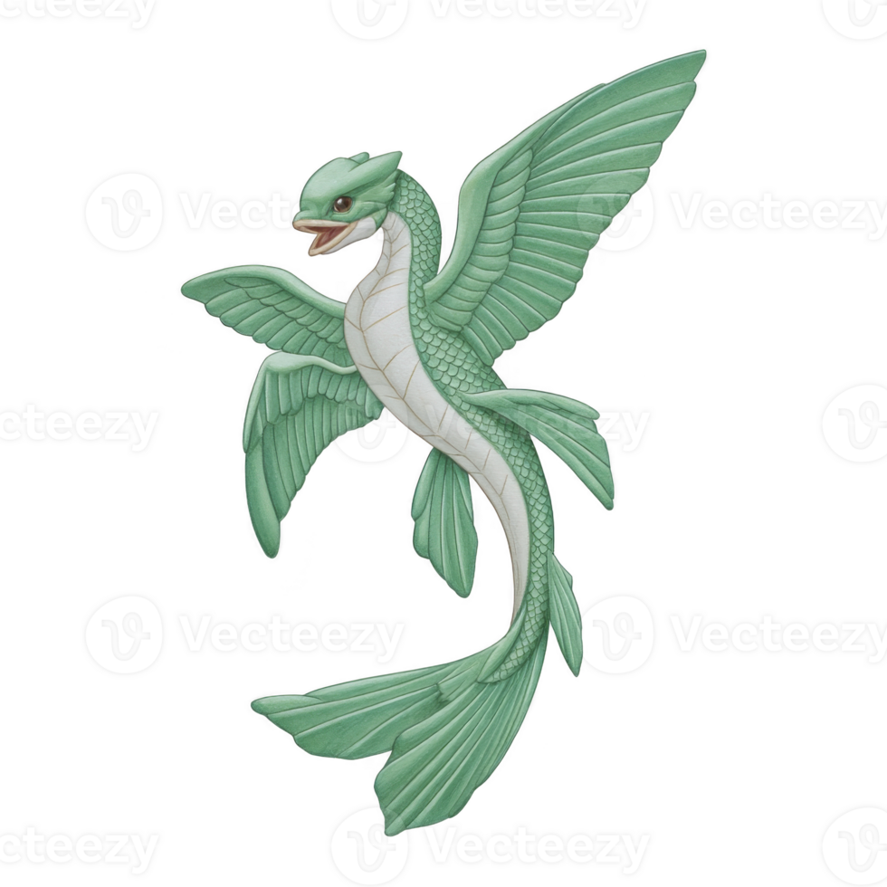Mythical creature with serpentine body, dragon like head, and bird like wings, depicted in shades of green, exudes sense of fantasy and wonder png