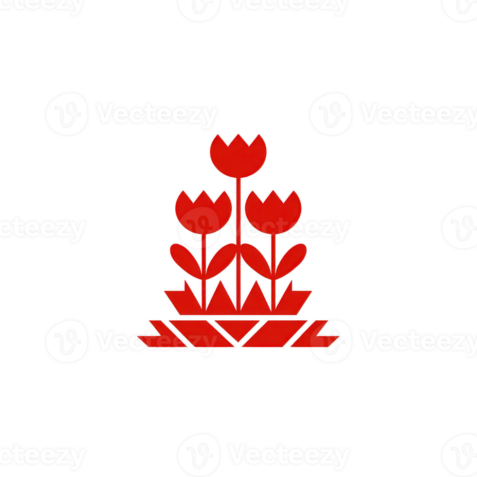 Red geometric floral design features three stylized tulips with symmetrical arrangement, creating modern and artistic look. bold red color adds vibrancy and contrast against transparency png