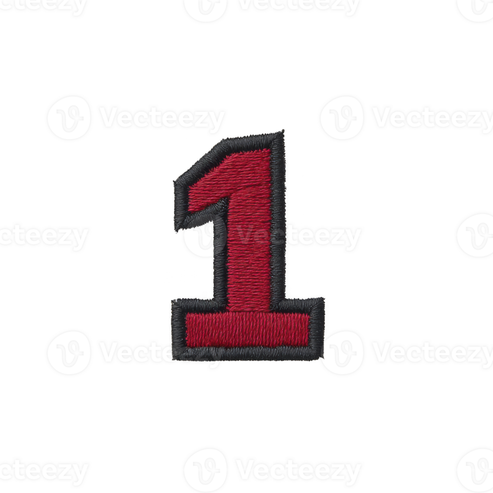 Red embroidered number one patch with black border on transparency background png