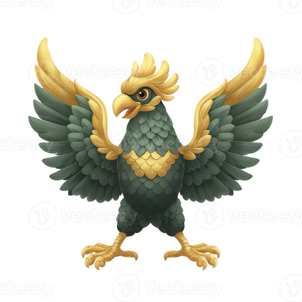 Majestic, mythical bird with green and gold feathers stands proudly with wings spread wide, showcasing intricate details and fierce expression png