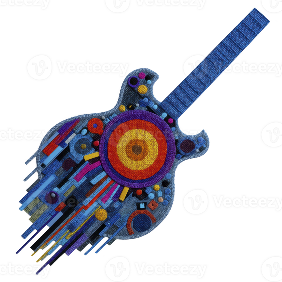 Vibrant, abstract guitar design features colorful geometric patterns and dynamic shapes, creating sense of movement and energy. artwork combines circles, lines, and textures striking composition png