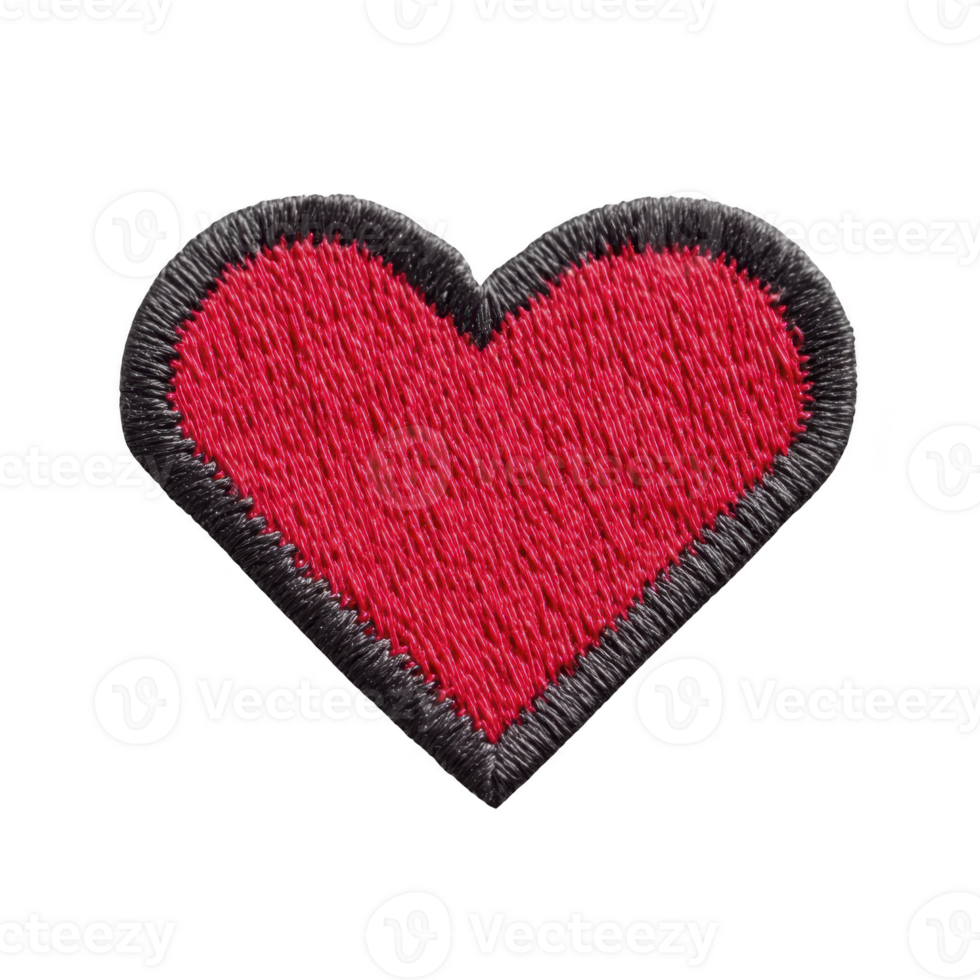 Red heart shaped embroidered patch with black border, symbolizing love and affection. patch is isolated on transparency background, showcasing its vibrant colors and detailed stitching png