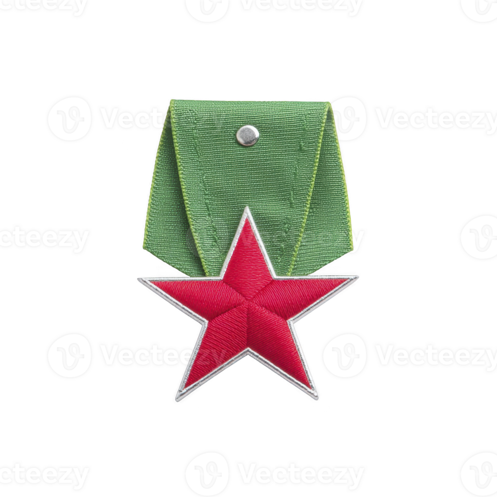 Medal with red star and green ribbon, symbolizing achievement or honor, is displayed against plain background. design is simple yet striking, evoking sense of pride and recognition png