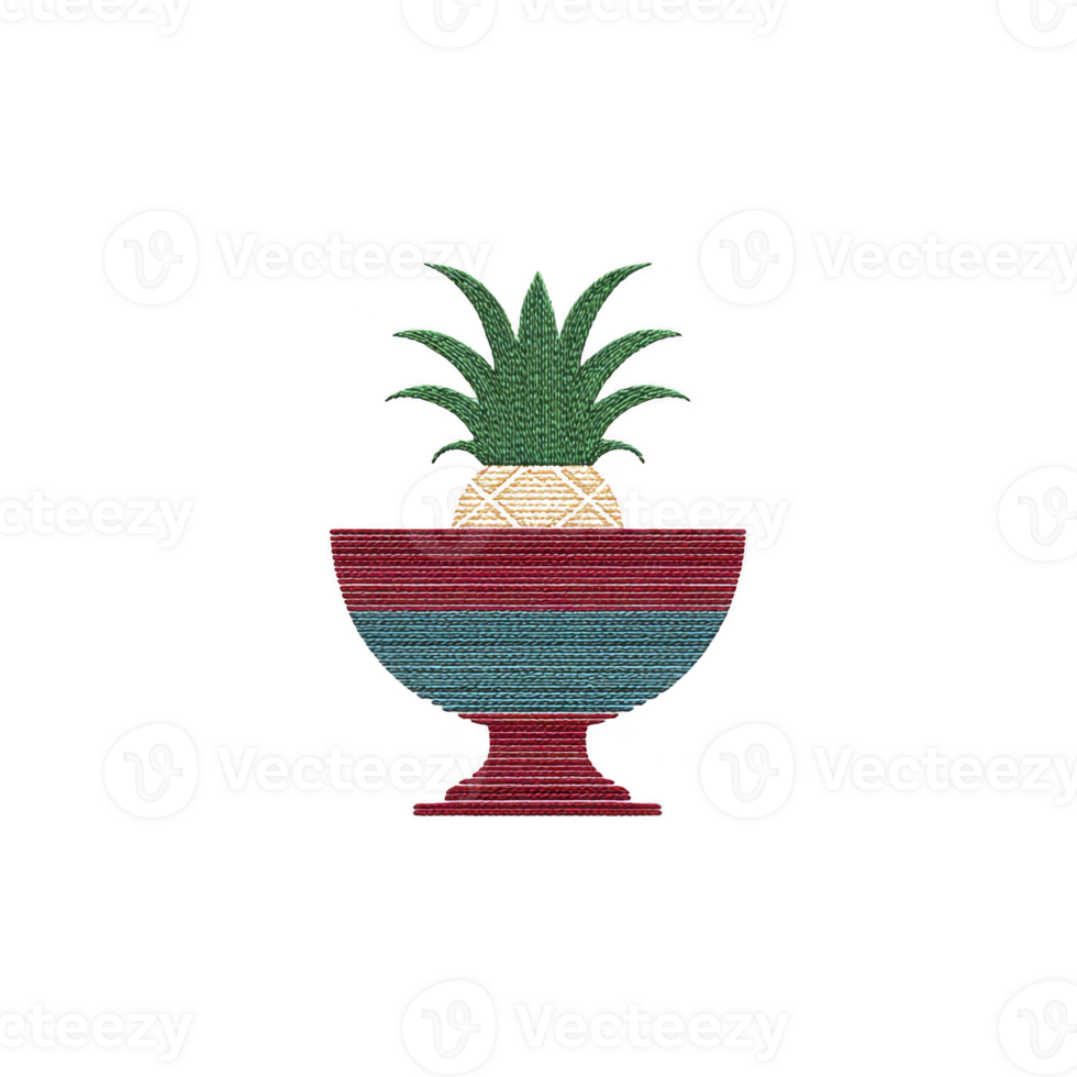 Colorful embroidered design features pineapple in decorative bowl, combining tropical and artistic elements. vibrant colors and texture create lively and cheerful appearance png