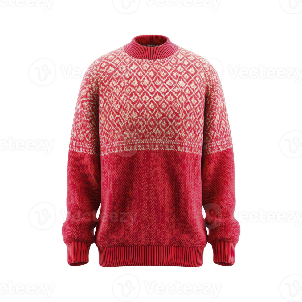 Cozy red sweater with intricate white geometric patterns, perfect for winter warmth and style. knit design adds texture and charm, making it ideal for festive occasions png