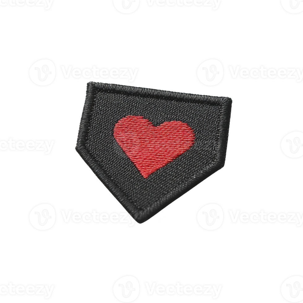 Black fabric patch with red heart design, featuring triangular shape and embroidered texture, isolated on transparency background png