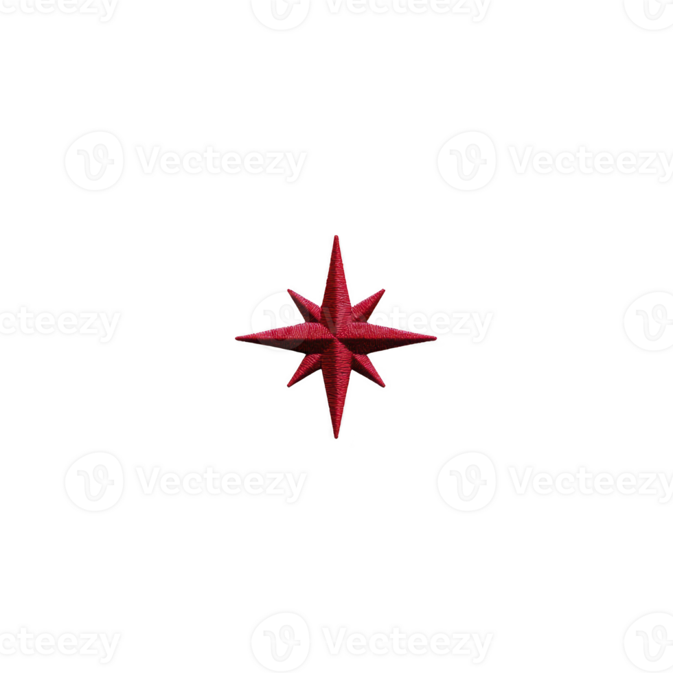 Red eight pointed star with 3D effect is centered transparency background, creating striking and bold visual. star sharp edges and vibrant color contrast with dark backdrop, enhancing its png