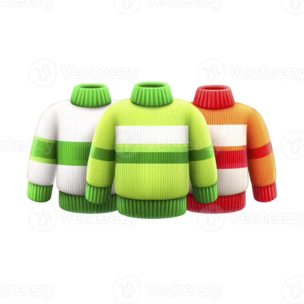 Three colorful sweaters with striped patterns are displayed, featuring green, white, and orange hues. Each sweater has ribbed texture and high collar, creating cozy and vibrant look png