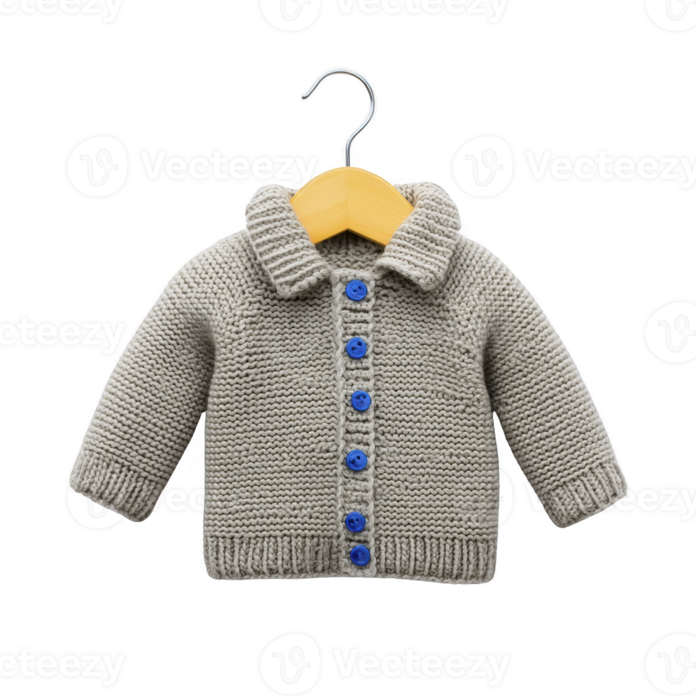 Cozy gray knitted baby sweater with blue buttons is displayed on wooden hanger, showcasing its intricate design and warm texture. Perfect for keeping little ones snug and stylish png