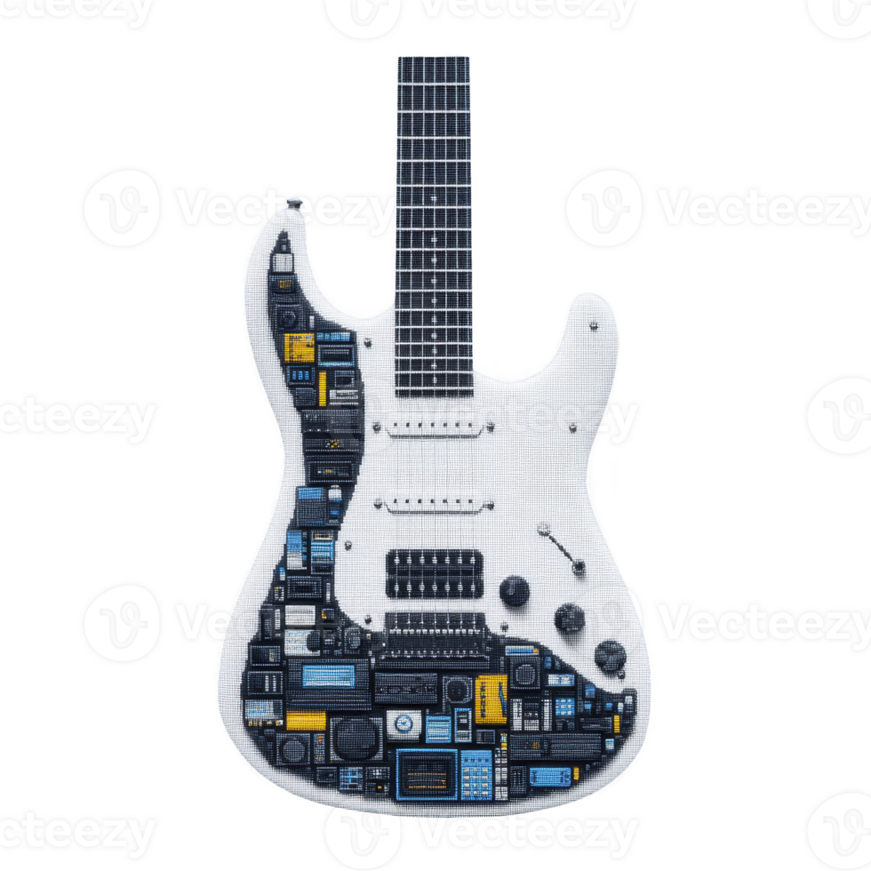 White electric guitar with unique design featuring various electronic components and circuits on its body, creating modern and artistic look png