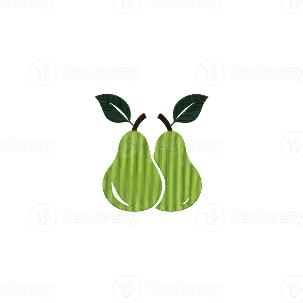 Two green pears with leaves are illustrated in simple, textured style, creating fresh and natural look. pears are positioned side by side, emphasizing symmetry and balance png
