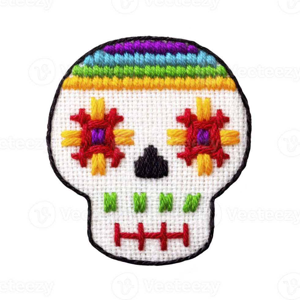 Colorful embroidered skull design inspired by Day of Dead, featuring vibrant patterns and textures. skull is adorned with multicolored threads, creating festive and artistic look png