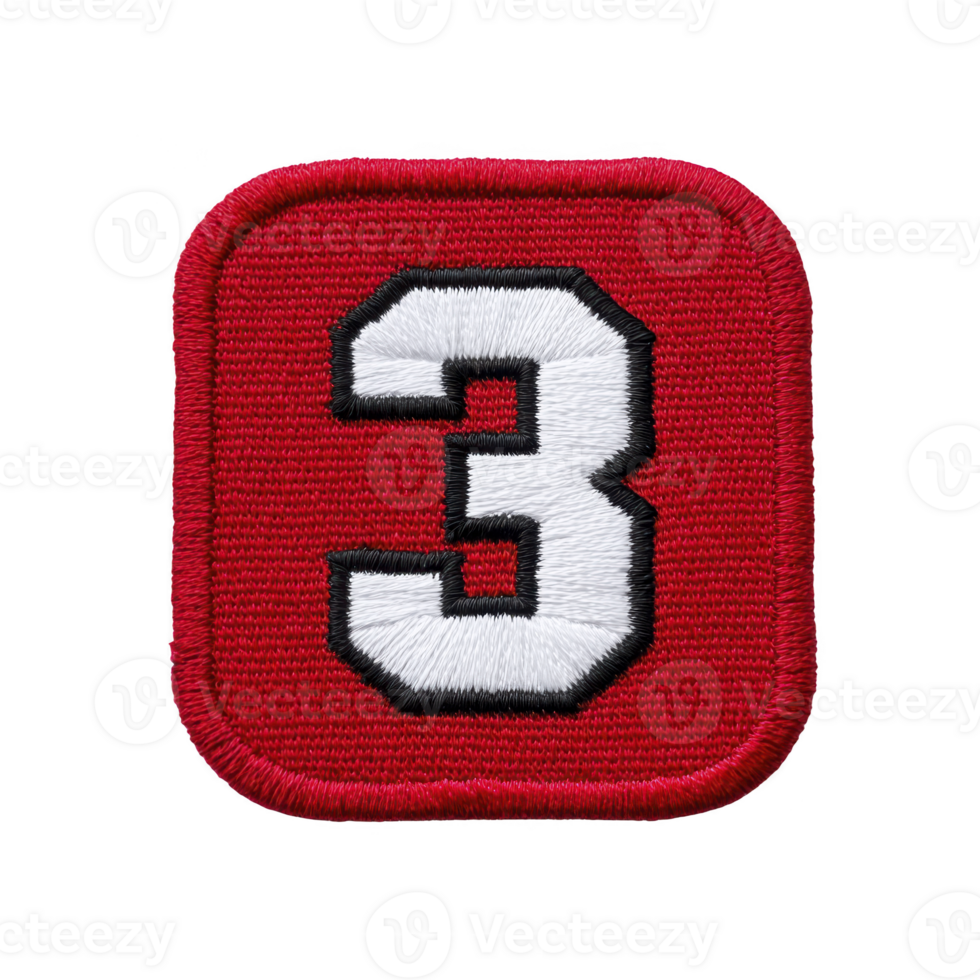 Red embroidered patch features bold white number three outlined in black, creating striking contrast. patch has square shape with rounded corners, adding touch of softness to its design png