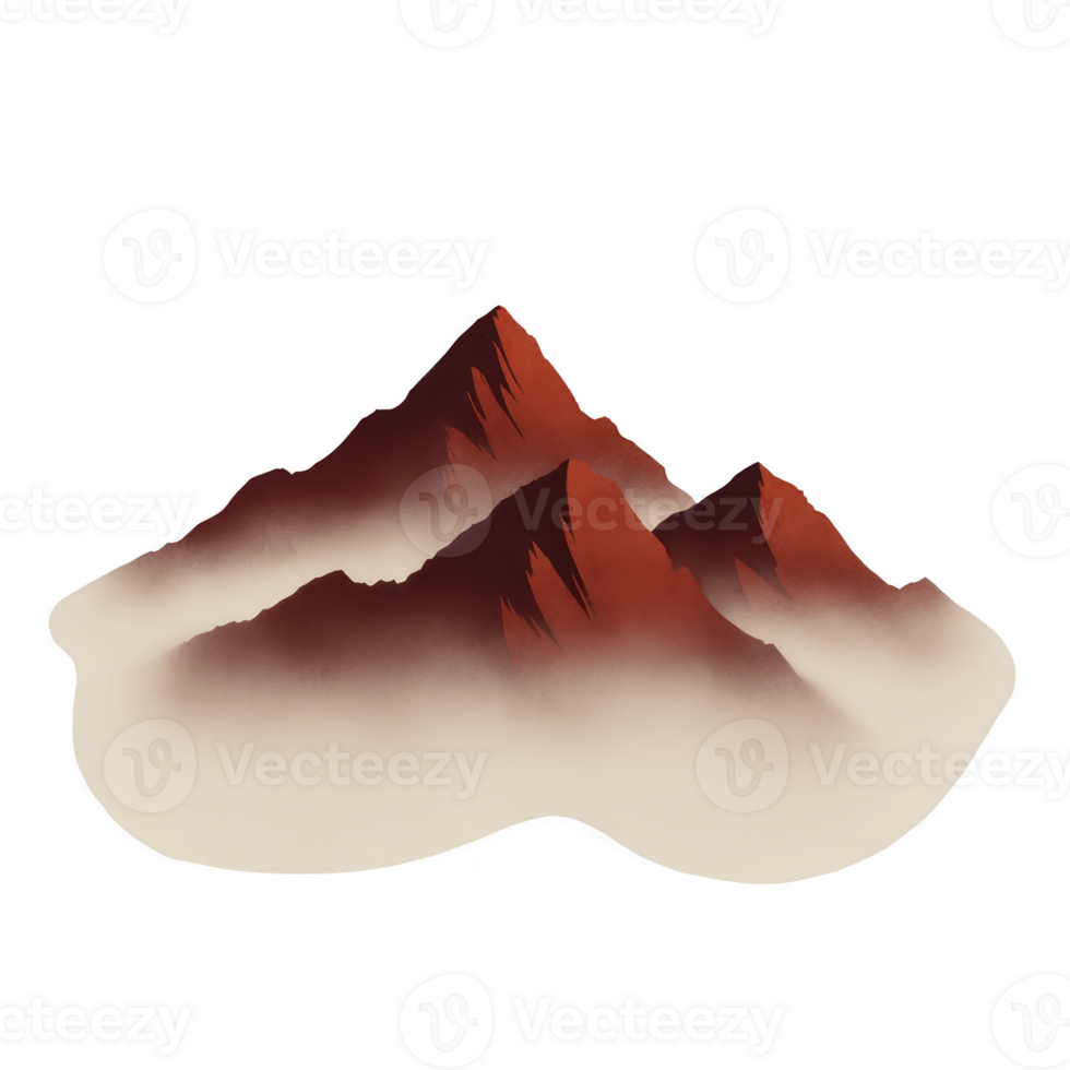 Serene illustration of red mountains enveloped in mist, creating tranquil and mystical atmosphere. soft gradient and minimalist style enhance peacefulness of scene png