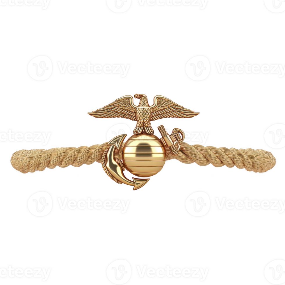 Gold emblem featuring eagle perched on globe with anchor, symbolizing maritime strength and honor. design includes rope detail, adding nautical touch png
