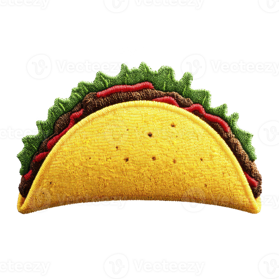 Colorful embroidered patch of taco with lettuce, meat, and sauce, showcasing intricate stitching and vibrant colors, perfect for adding playful touch to clothing or accessories png